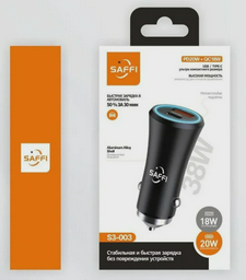 Автомобильная зарядка Saffi S3-003 38W USB Type-C Black Мягкая голубая подсветка