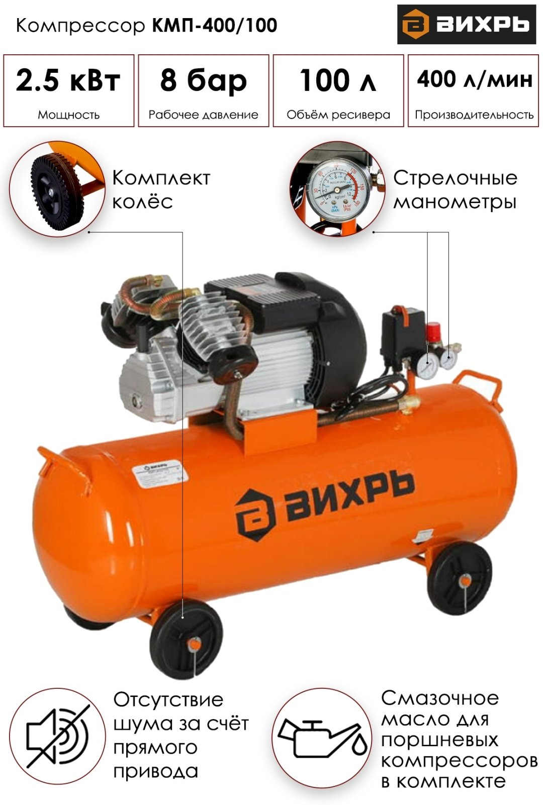 Компрессор масляный ВИХРЬ КМП-400/100 74/3/9, 8 бар купить,NaN