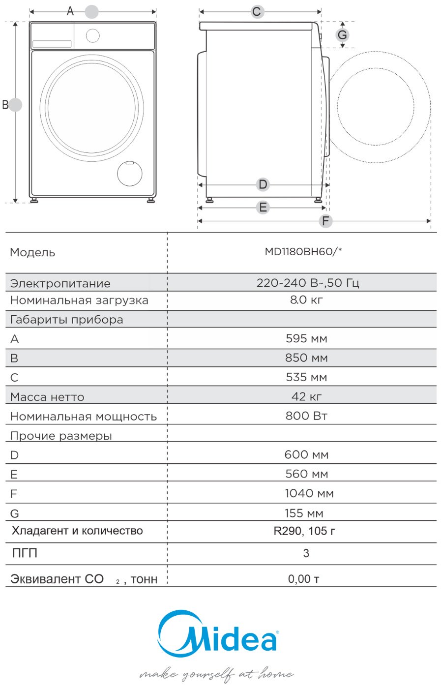 Сушильная машина Midea MD1180BH60/W белый купить,239990