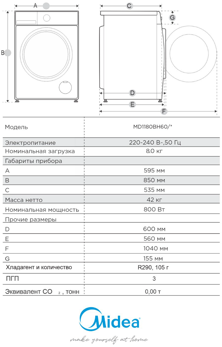 Сушильная машина Midea MD1180BH60/W белый купить,239990