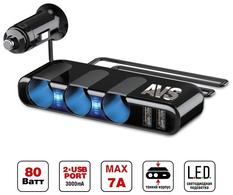 Разветвитель шнуровой AVS A40863S черный купить,NaN