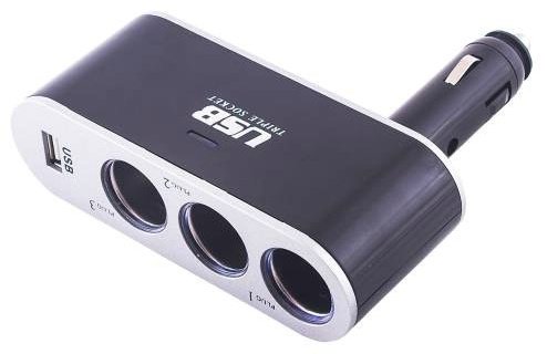Разветвитель цельный Skyway 3 гнезда + USB 2A черный