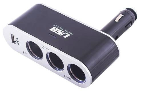 Разветвитель цельный Skyway 3 гнезда + USB 2A черный