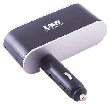 Разветвитель цельный Skyway 3 гнезда + USB 2A черный