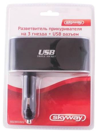 Разветвитель цельный Skyway 3 гнезда + USB 2A черный купить,NaN