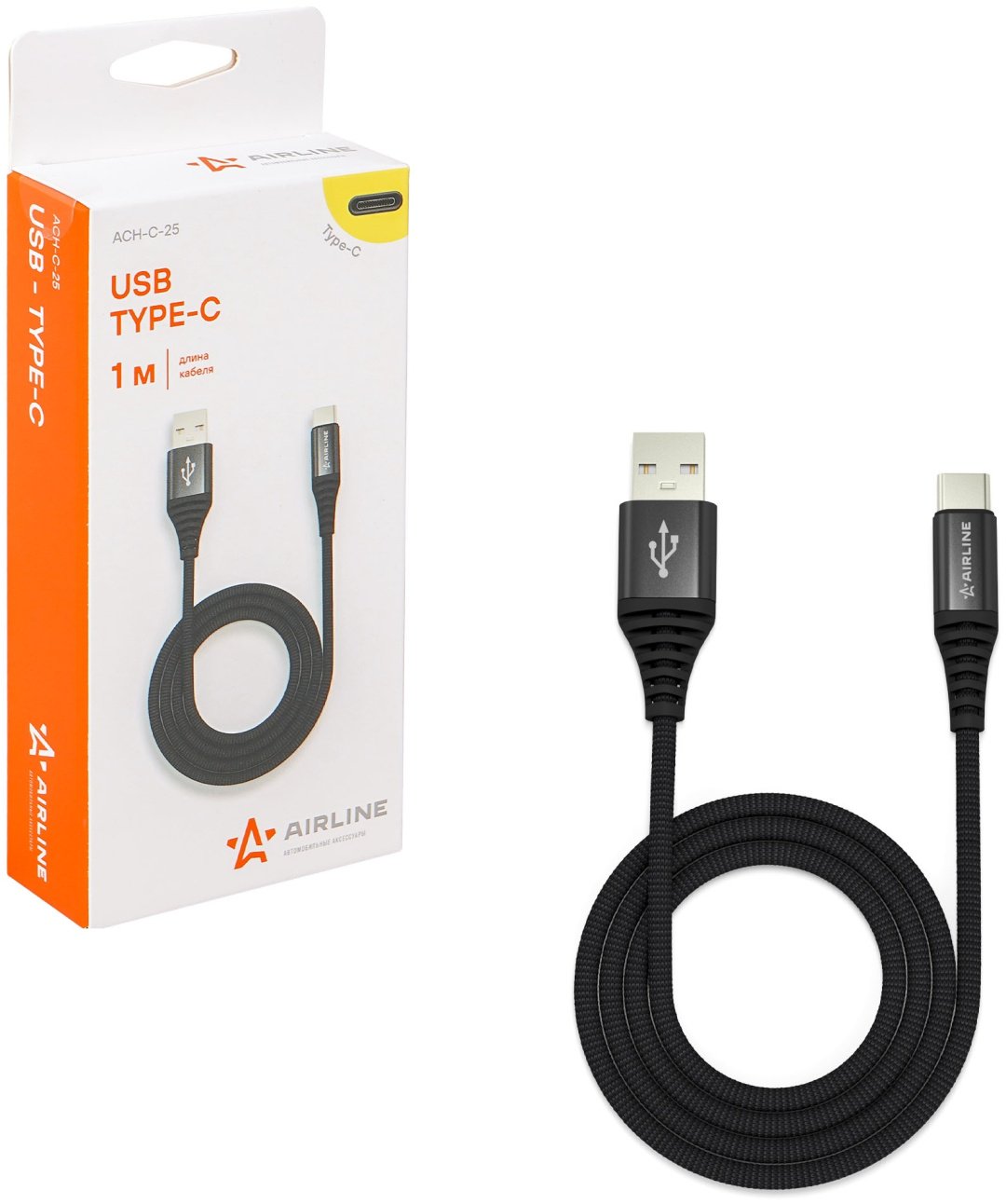 Кабель AIRLINE USB TypeC (F), 1 м, ACH-C-25 черный купить,NaN