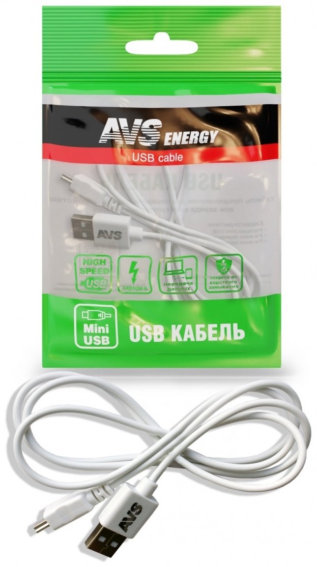 Кабель AVS USB 2.0 (M), Mini USB 2.0 (M), 1 м, MN-313 белый купить,NaN