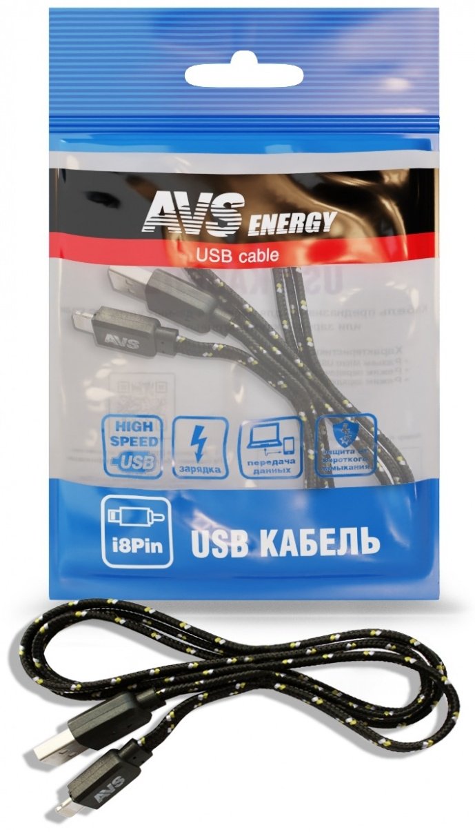 Кабель AVS Apple Lightning (M), USB 2.0 (M), 1 м, IP-521 черный купить,NaN
