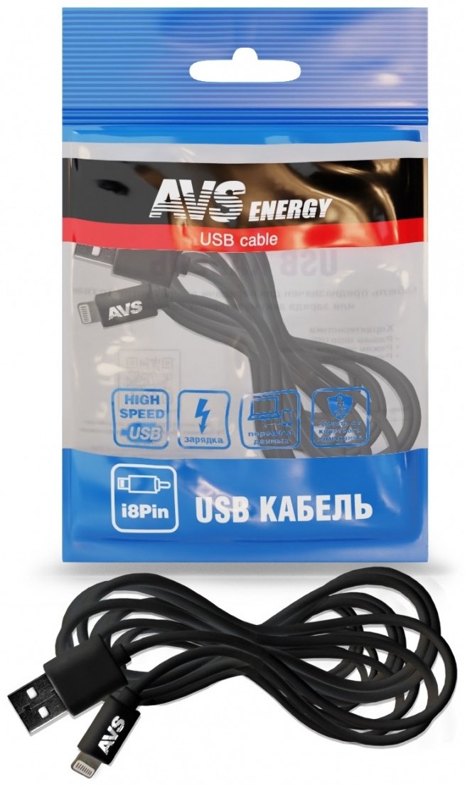 Кабель AVS Apple Lightning (M), USB 2.0 (M), 3 м, IP-53 черный купить,NaN