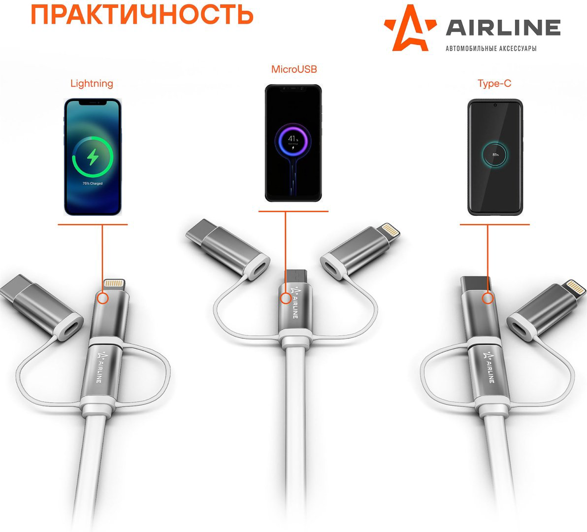 Кабель AIRLINE Apple Lightning (F), 1.2 м, ACH-C-49 черный купить,NaN