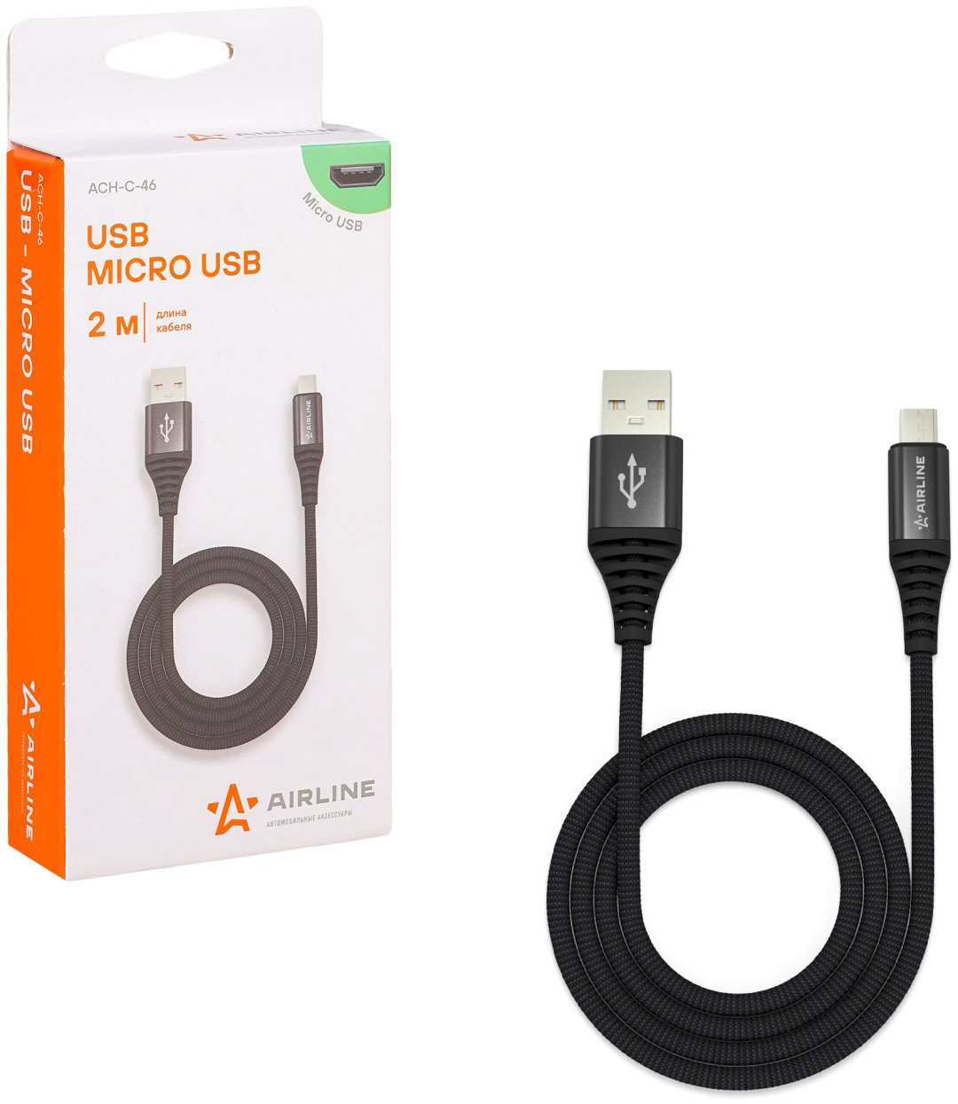 Кабель AIRLINE USB 2.0 (M), micro-USB 2.0 (M), 2 м, ACH-C-46 черный купить,NaN