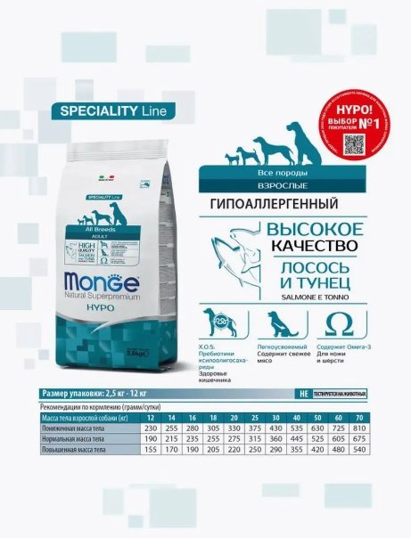 Корм Monge Hypo Лосось и тунец для взрослых всех пород 12 кг купить,59399