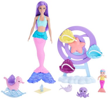 Кукла-модель BARBIE Dreamtopia Русалка с малышом HLC300, 29 см