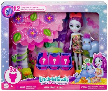 Кукла-модель Mattel Enchantimals, Baby Best Friends с куклой, фигуркой бегемота и сюрпризами HNW97, 15 см аксессуары в комплекте, руки и ноги подвижные
