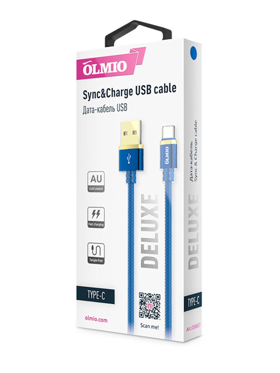 Кабель USB Type-C Olmio Deluxe, 1м синий