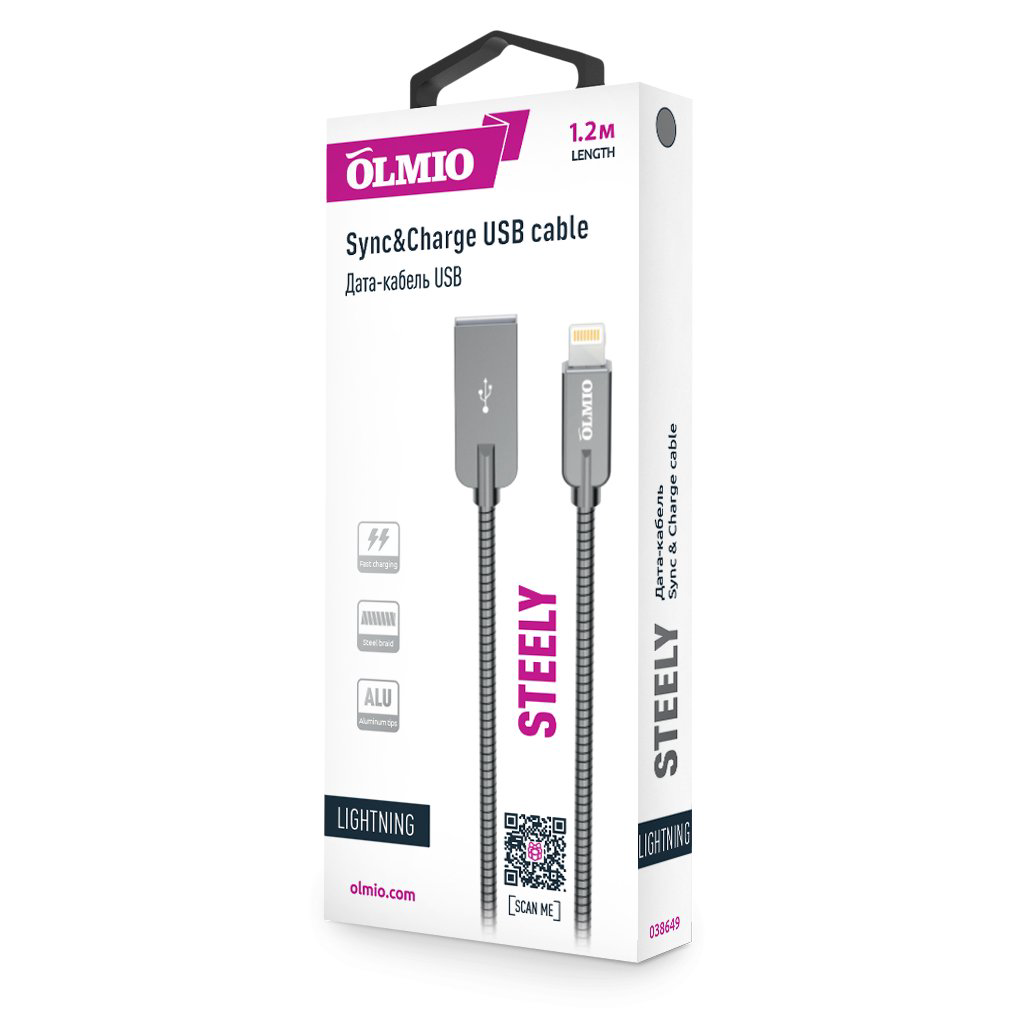 Кабель Olmio Steely Lightning-USB 2.0 1.2м серый