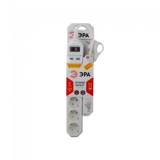 Сетевой фильтр Эра Б0019037 USF-5ES-1.5M-USB-W 1.5 м белый