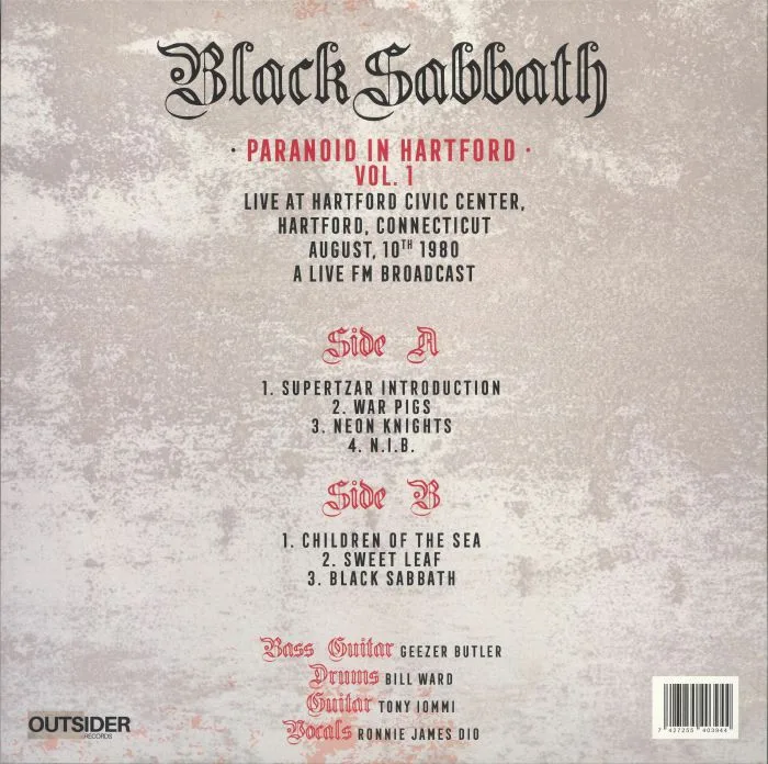 Обратная сторона обложки — BLACK SABBATH — Paranoid In Hartford Vol 1: Live At Hartford Civic Center 1980