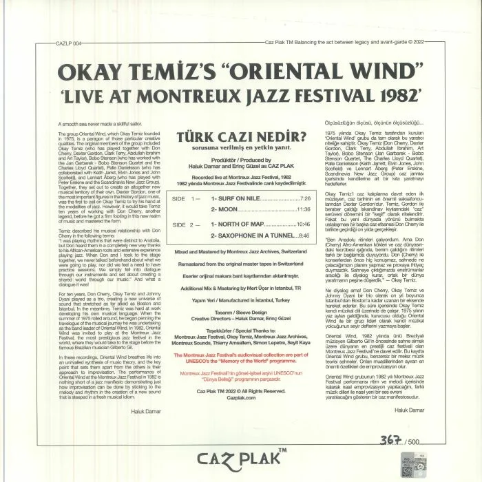 Back cover — OKAY TEMIZ'S ORIENTAL WIND — Live At Montreux Jazz Festival 1982