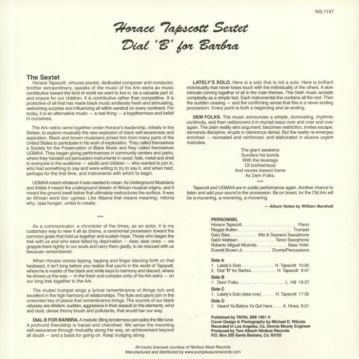 Обратная сторона обложки — HORACE TAPSCOTT SEXTET — Dial B For Barbra