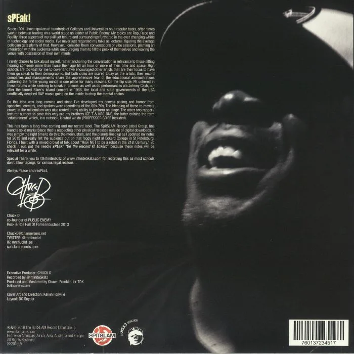 Обратная сторона обложки — MISTACHUCK aka CHUCK D — Speak! Rap Race Reality On The Record At Eckerd