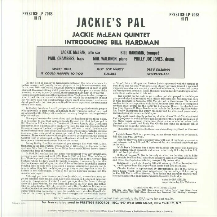 Обратная сторона обложки — JACKIE McLEAN QUINTET introducing BILL HARDMAN — Jackie's Pal (reissue)