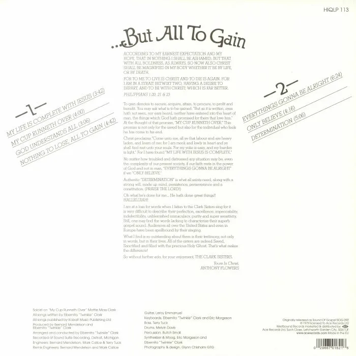 Back cover — The CLARK SISTERS — He Gave Me Nothing To Lose (But All To Gain) (reissue)