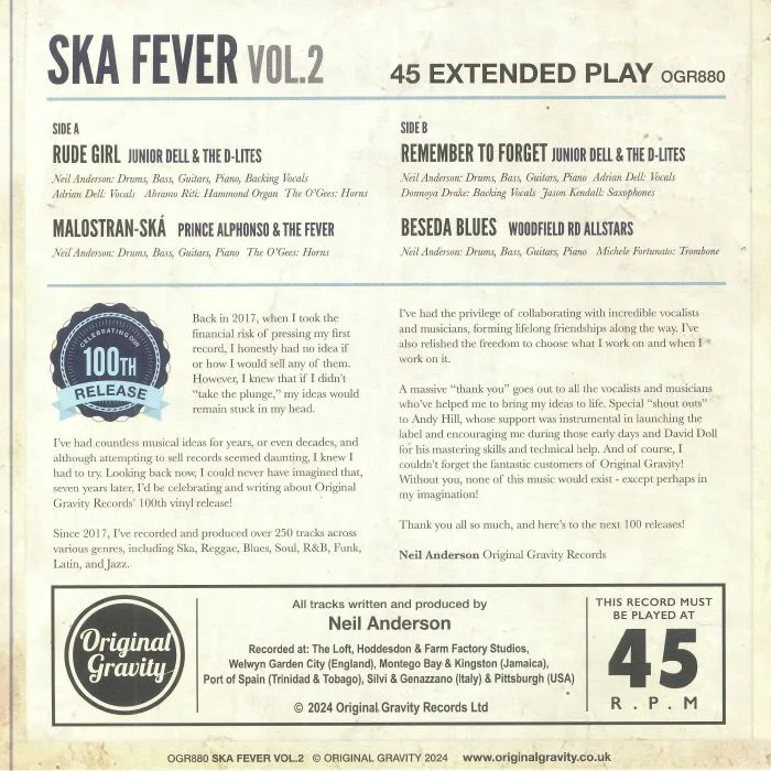 Back cover — Junior DELL & THE D LITES / PRINCE ALPHONSO & THE FEVER / WOODFIELD RD ALLSTARS — Ska Fever Vol 2