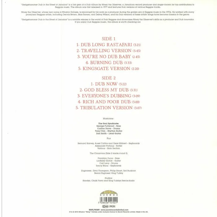 Back cover — NINEY THE OBSERVER — Sledgehammer Dub: In The Street Of Jamaica