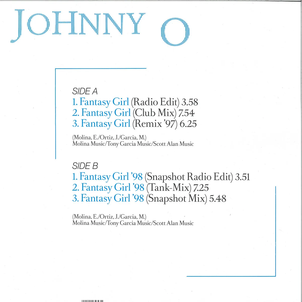 Back cover — JOHNNY O — Fantasy Girl