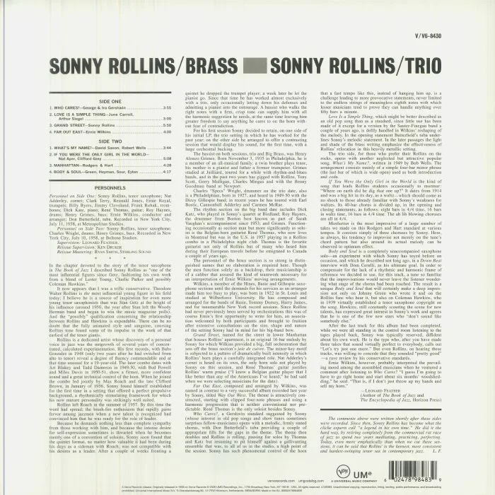 Обратная сторона обложки — Sonny ROLLINS — Brass / Trio (Verve Vault Series)