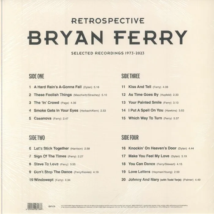 Обратная сторона обложки — Bryan FERRY — Retrospective: Selected Recordings 1973-2023