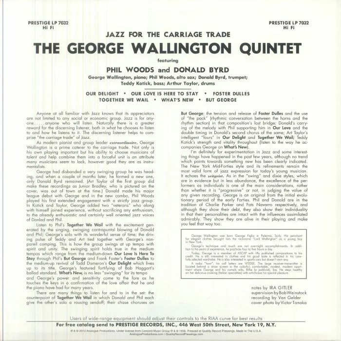 Обратная сторона обложки — The GEORGE WALLINGTON QUINTET feat PHIL WOODS / DONALD BYRD — Jazz For The Carriage Trade (reissue)