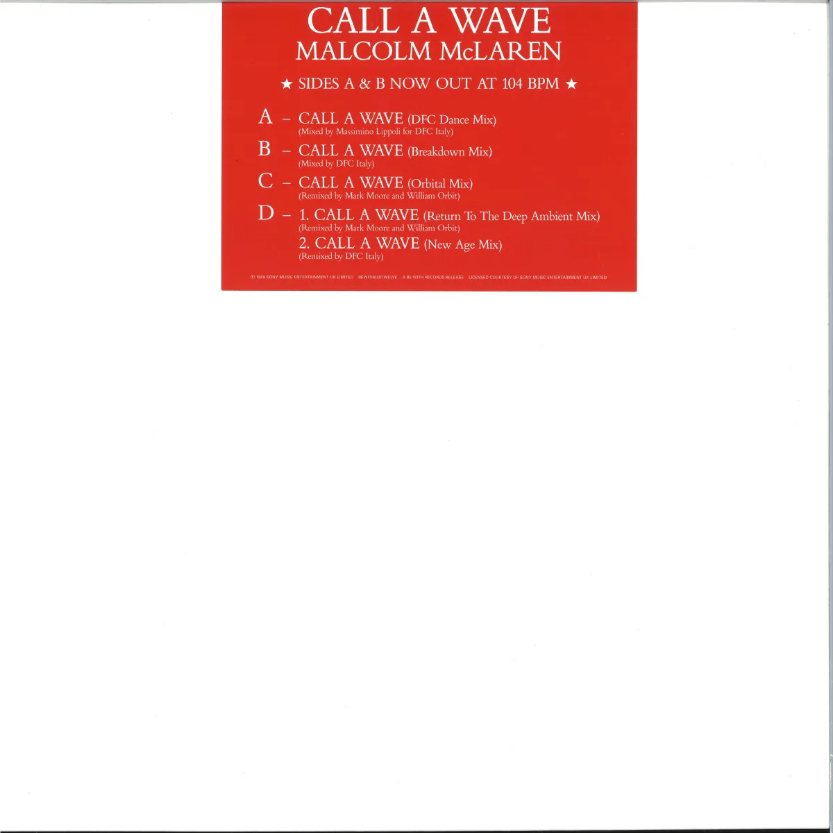 Front cover — Malcolm MclarenandThe Bootzilla Orchestra — Call A Wave Remixes 2x12"