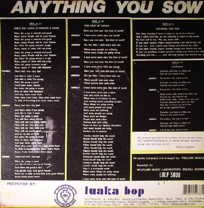Обратная сторона обложки — William ONYEABOR — Anything You Sow