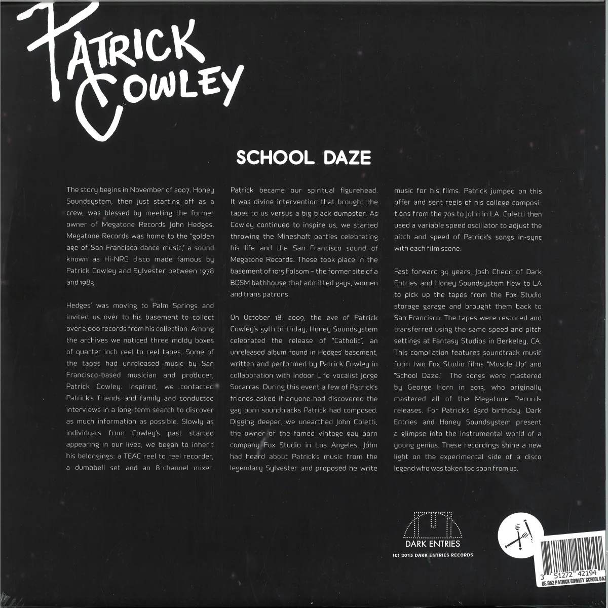 Back cover — Patrick Cowley — School Daze LP (2x12")