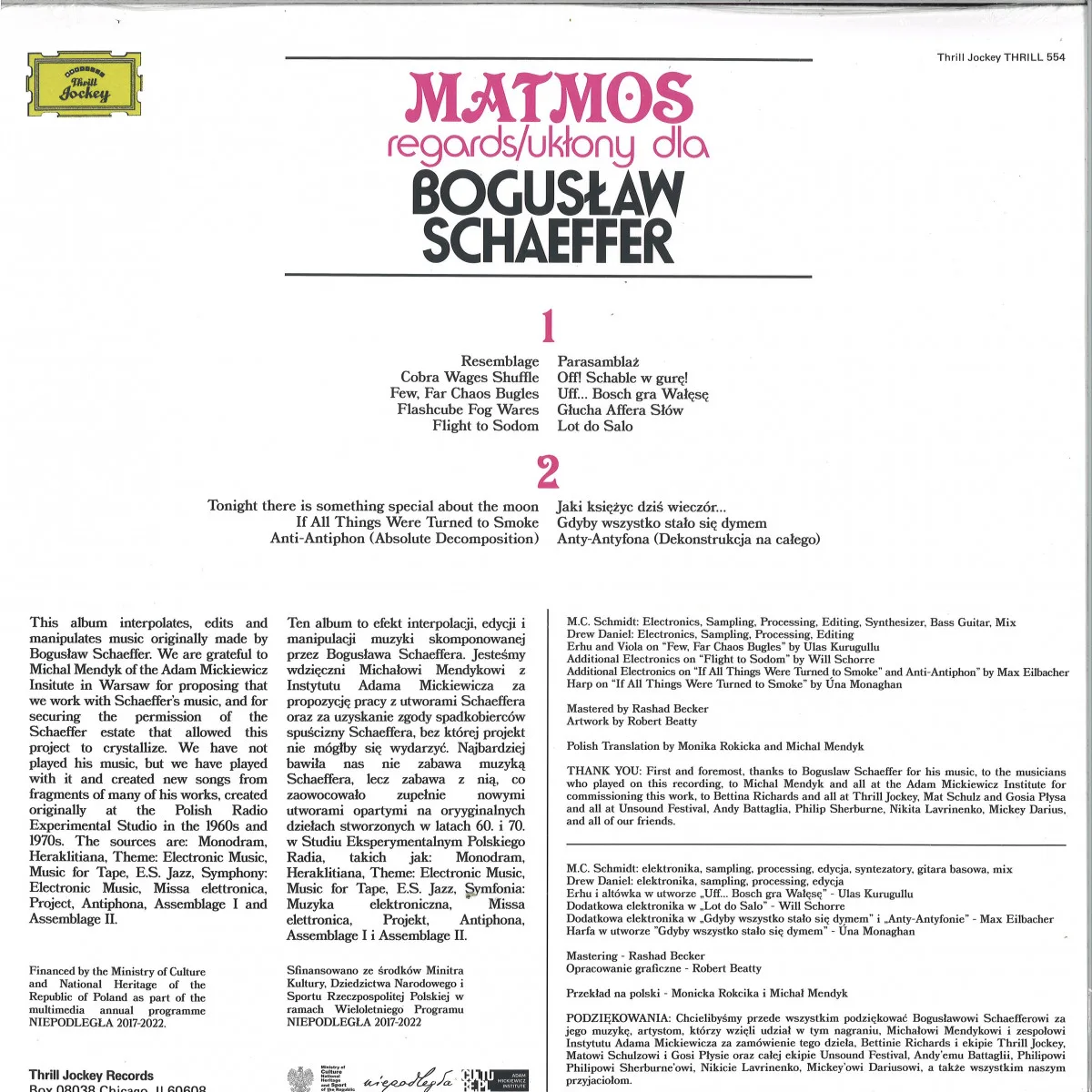 Обратная сторона обложки — Matmos — Regards Uklony Dla Boguslaw Schaeffer LP