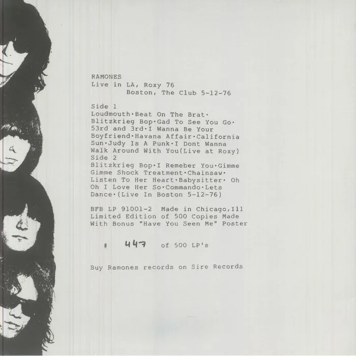 Обратная сторона обложки — RAMONES — Live In LA Roxy 76 / Boston The Club 5 / 12 / 76