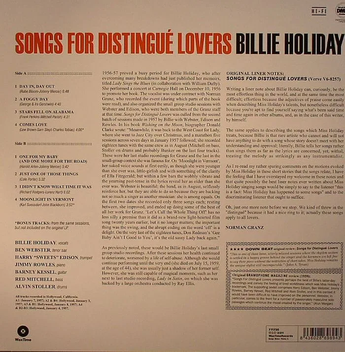 Обратная сторона обложки — Billie HOLIDAY — Songs For Distingue Lovers (remastered)