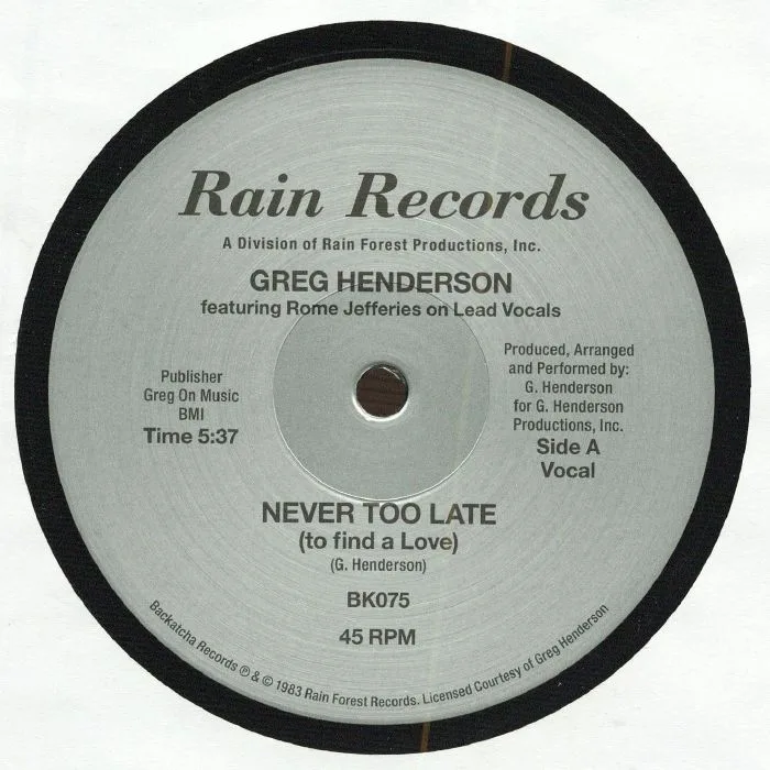 Front cover — Greg HENDERSON feat ROME JEFFERIES — Never Too Late