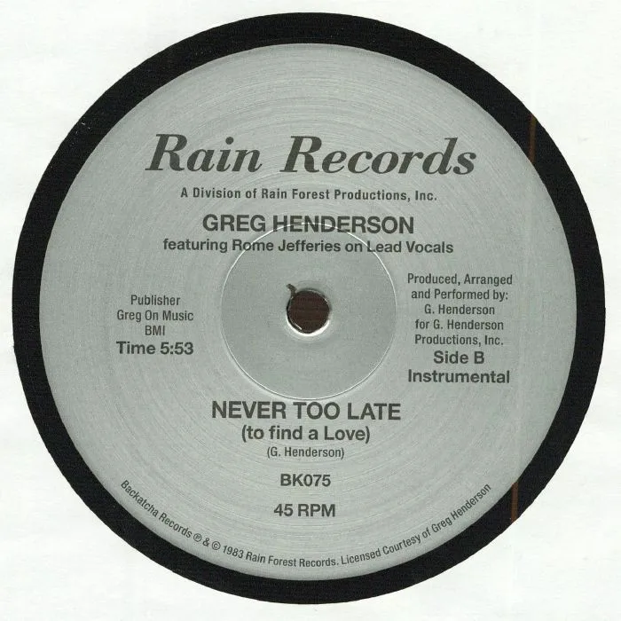 Back cover — Greg HENDERSON feat ROME JEFFERIES — Never Too Late
