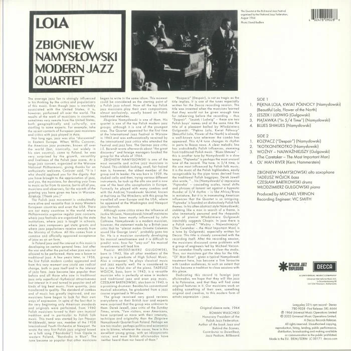 Обратная сторона обложки — ZBIGNIEW NAMYSLOWSKI MODERN JAZZ QUARTET — Lola