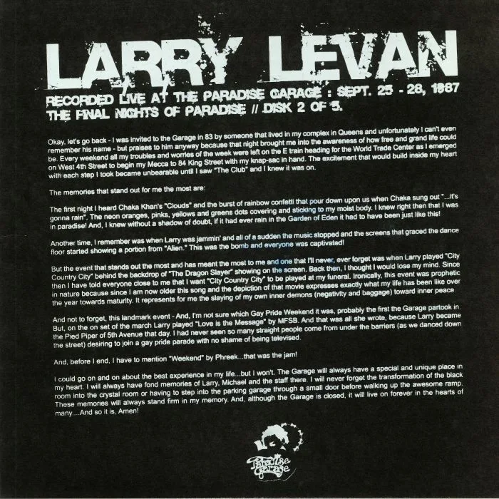 Обратная сторона обложки — Larry LEVAN — The Final Night Of Paradise: Disk 2 Of 5
