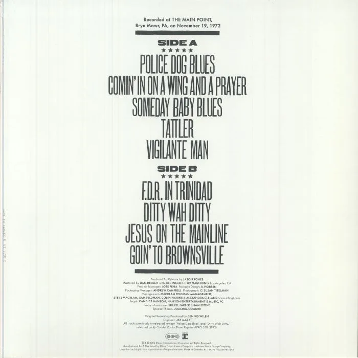 Back cover — Ry COODER — Live At The Main Point 1972 (Record Store Day RSD 2025)