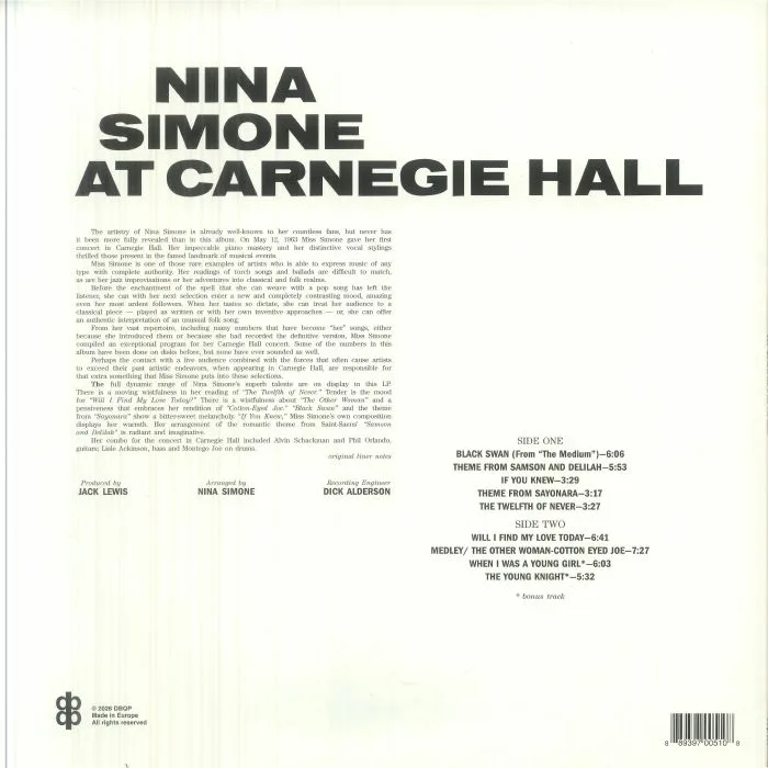 Обратная сторона обложки — Nina SIMONE — At Carnegie Hall