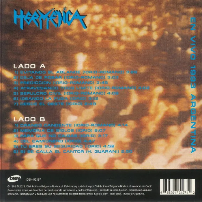 Обратная сторона обложки — HERMETICA — En Vivo 1993 Argentina
