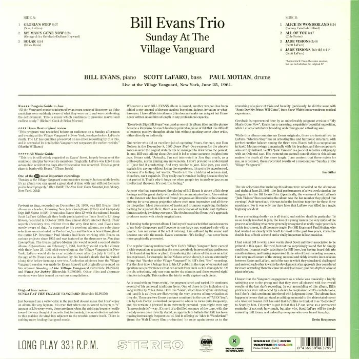 Обратная сторона обложки — BILL EVANS TRIO — Sunday At The Village Vanguard