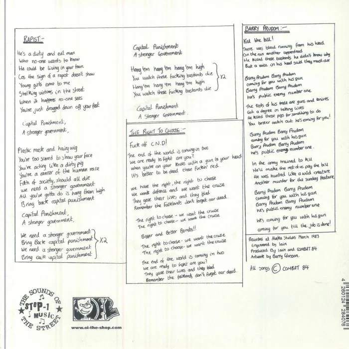 Back cover — COMBAT 84 — Rapist (reissue)