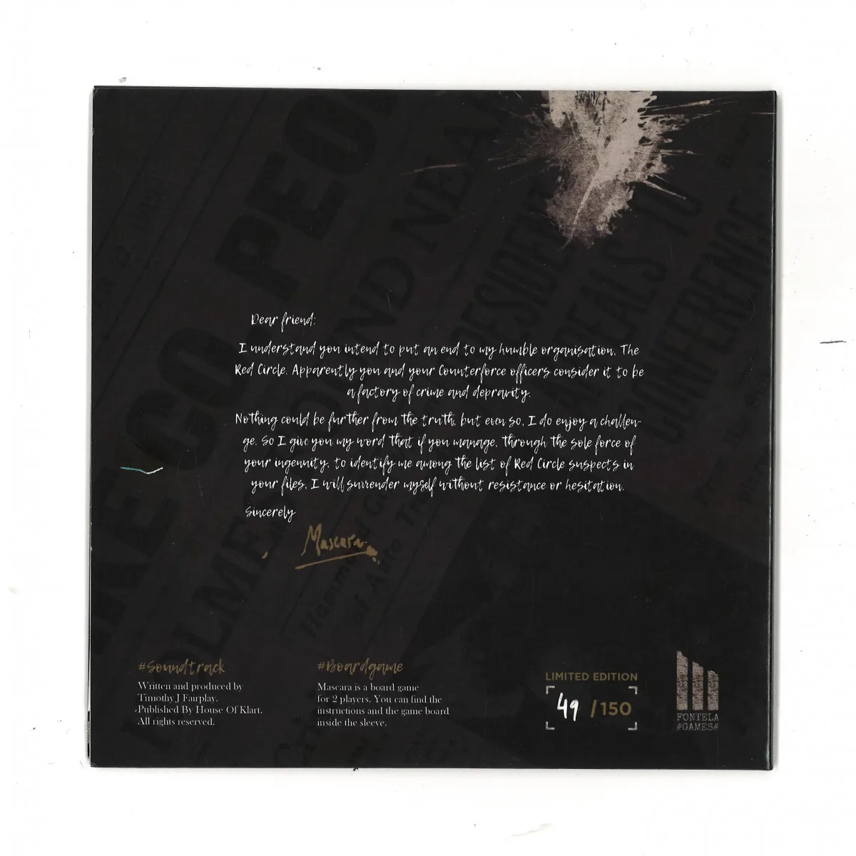 Back cover — Timothy J Fairplay — Mascara