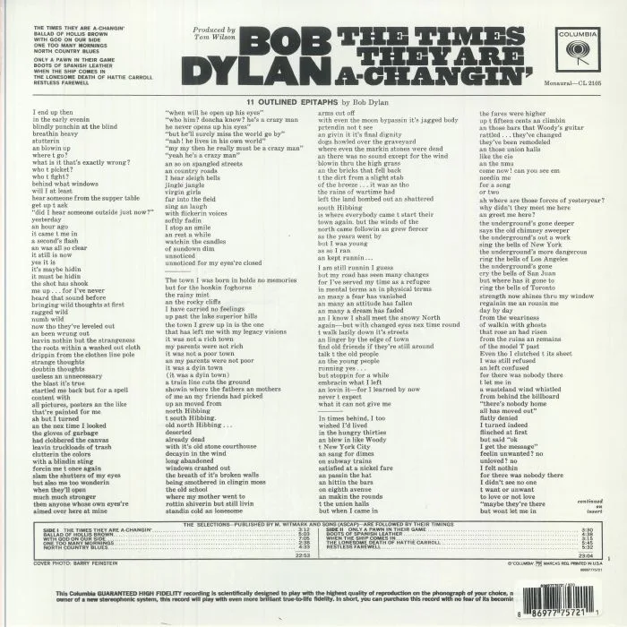 Back cover — Bob DYLAN — The Times They Are A Changin' (reissue)